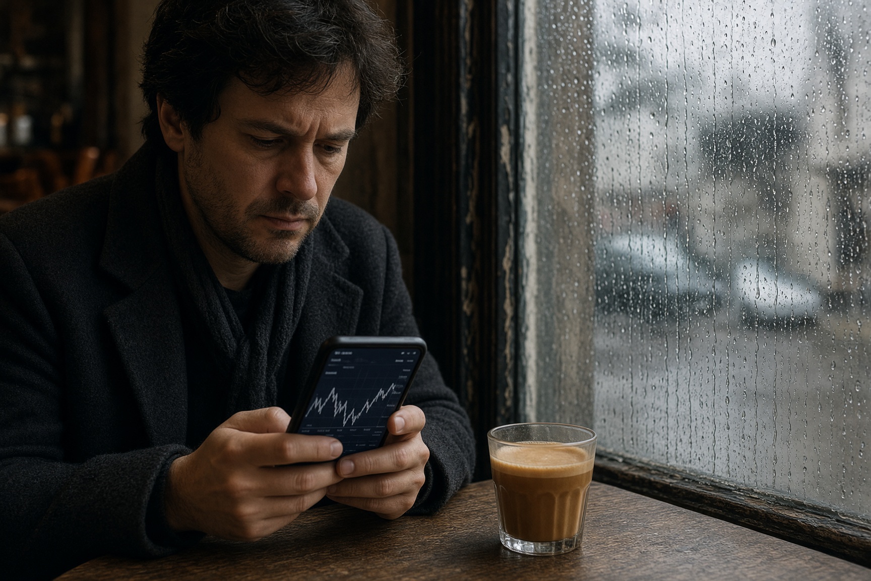 Una persona en un café revisa una app financiera en el teléfono.