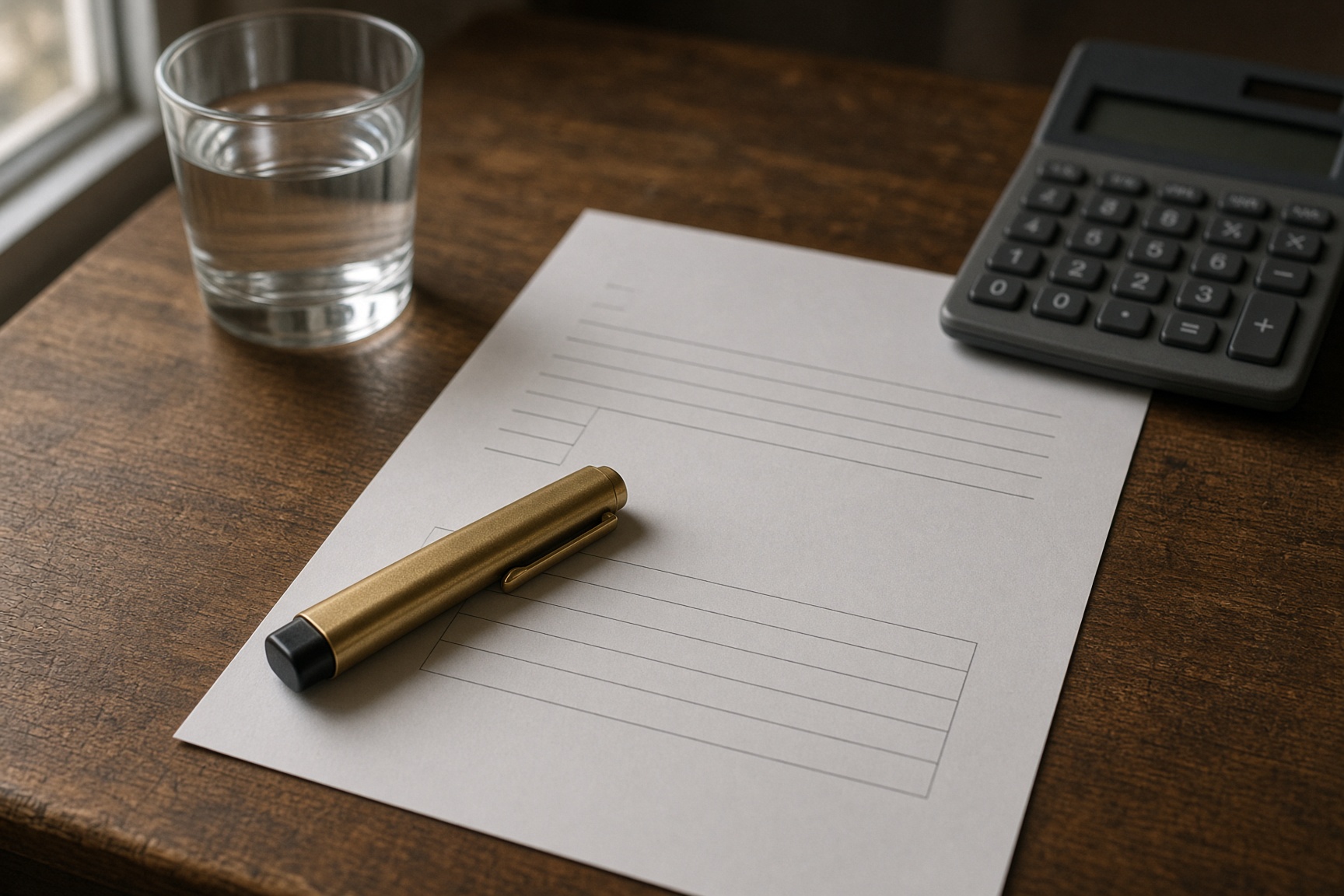 Escritorio con un estado de cuenta, un calculadora y un marcador.