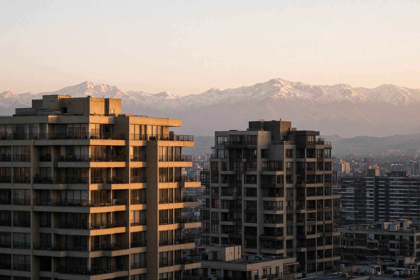 Edificios residenciales en Santiago de Chile, luz de atardecer.