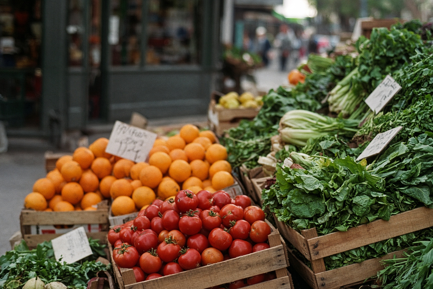 Verdulería de barrio en Buenos Aires, cajones de fruta y verdura.